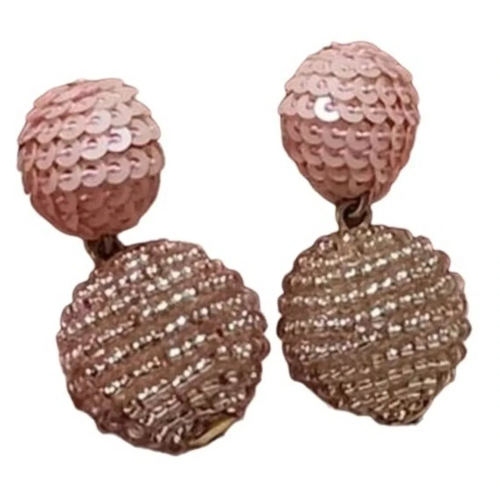 J. Crew Mauve‎ Pink Beaded Sequin Ball Drop Statement Earrings Gold Tone